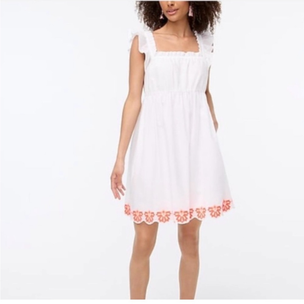 J. Crew white sundress with hot pink floral lace trim. Pockets!